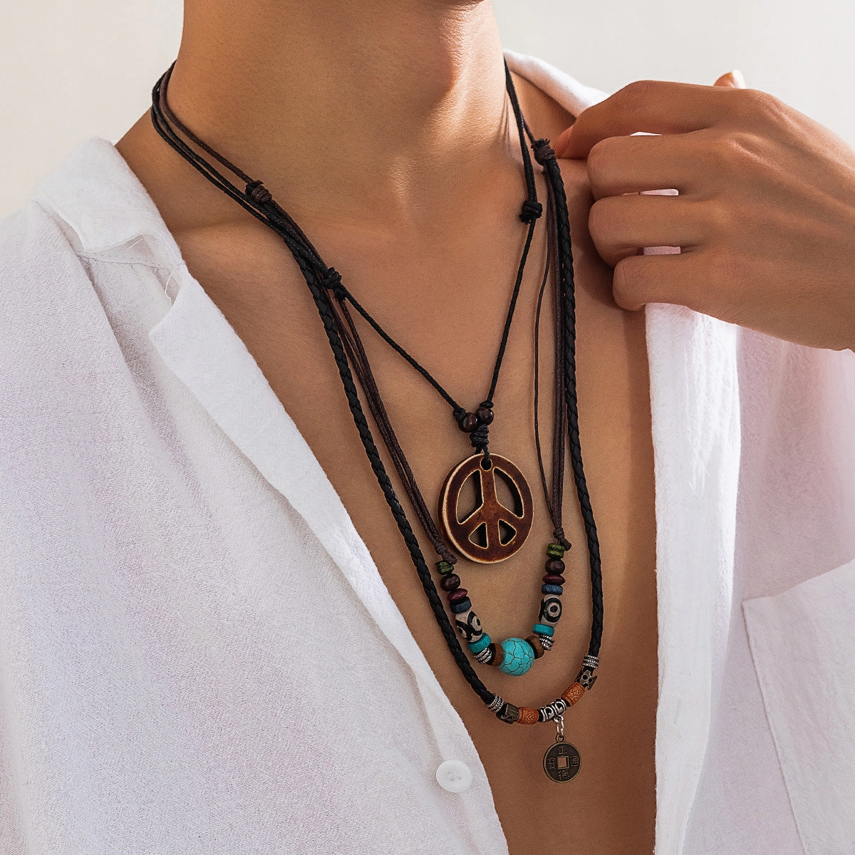 Wholesale Men's Wood Beads Pine and Peace Symbol Necklace
