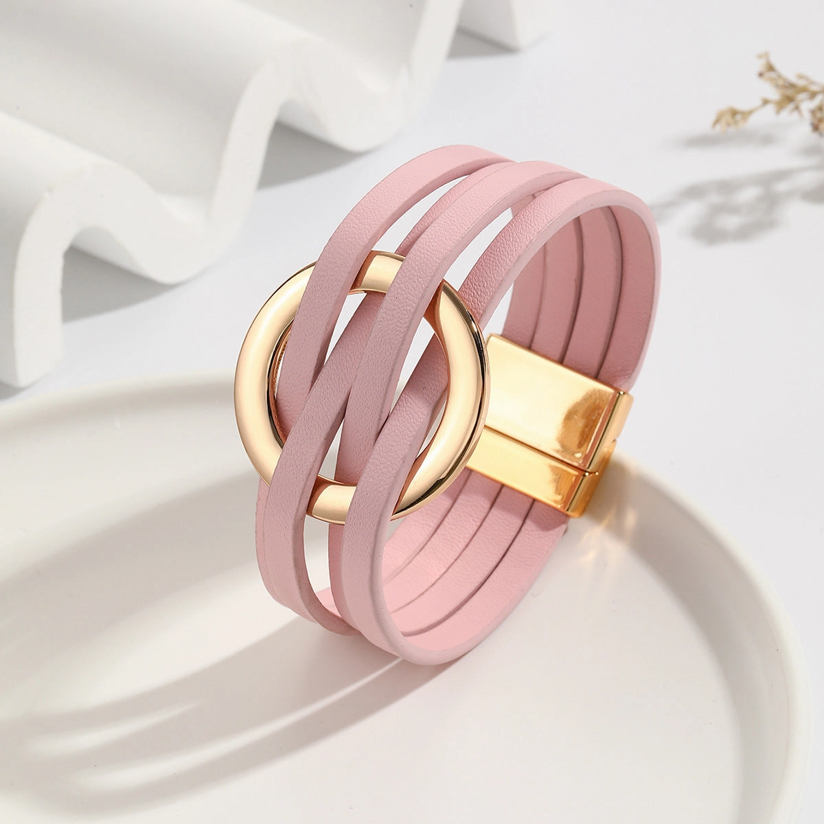 Wholesale Metal Leather Cross Women's Large Hoop Cuff Multi-layer Wristband Magnetic Clasp Bracelet