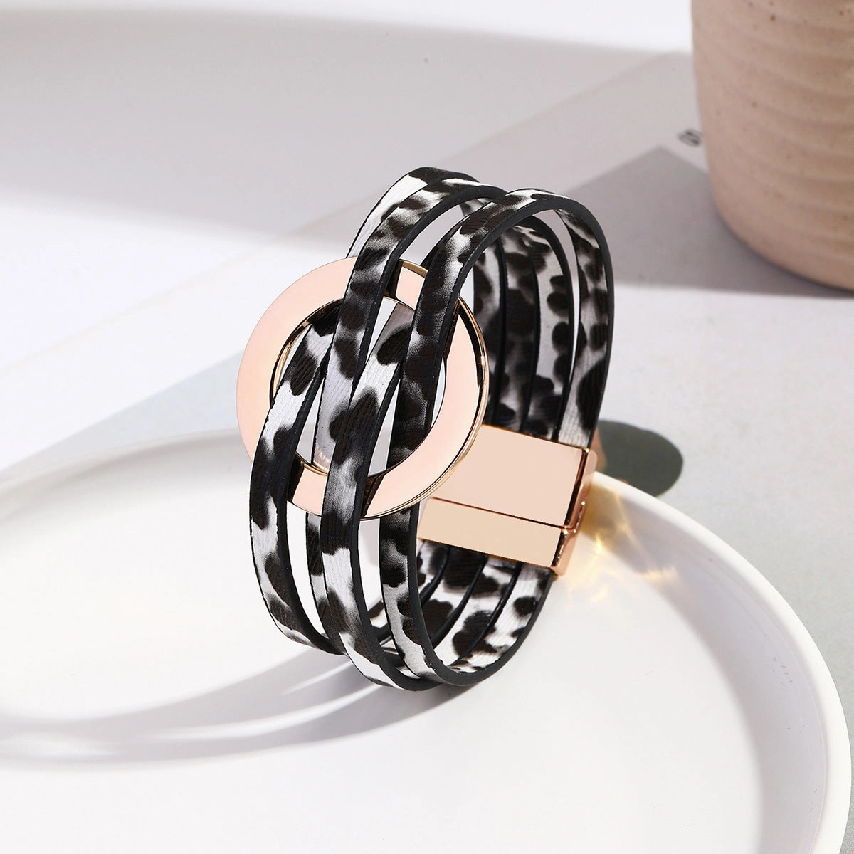 Wholesale Metal Leather Cross Women's Large Hoop Cuff Multi-layer Wristband Magnetic Clasp Bracelet