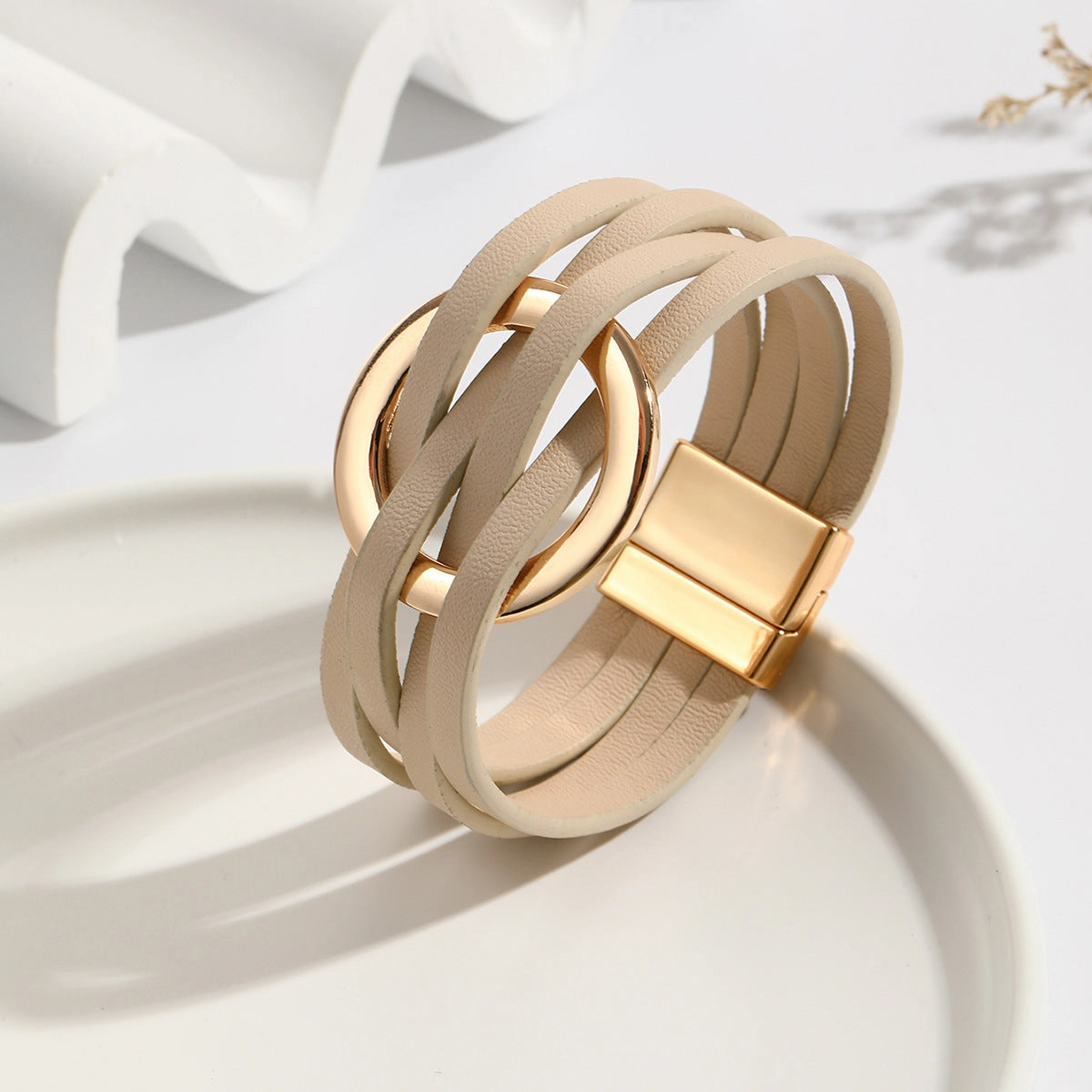 Wholesale Metal Leather Cross Women's Large Hoop Cuff Multi-layer Wristband Magnetic Clasp Bracelet