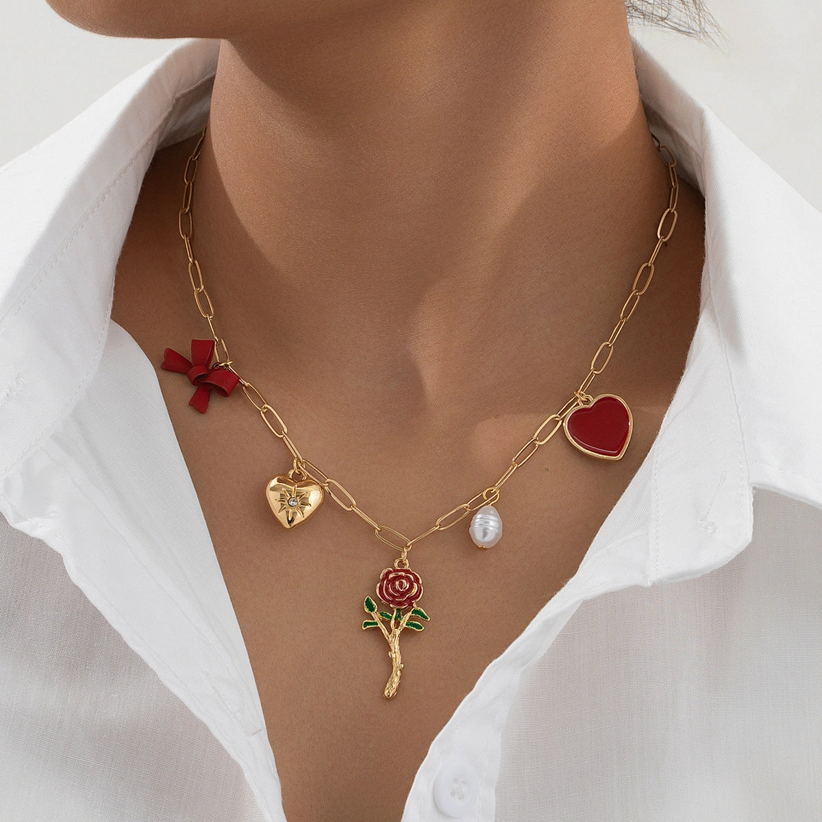 Wholesale metal red love artificial pearl bow necklace