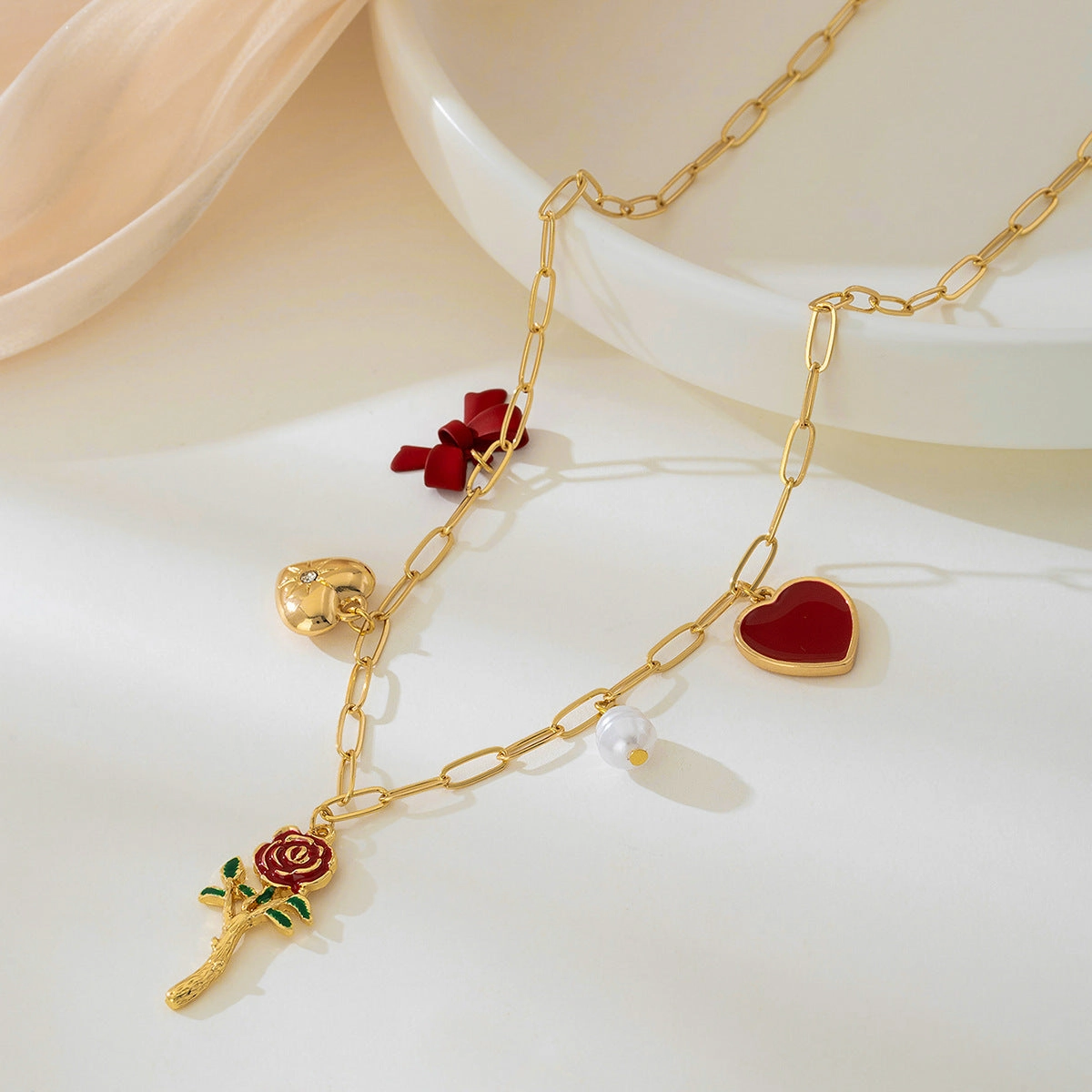 Wholesale metal red love artificial pearl bow necklace