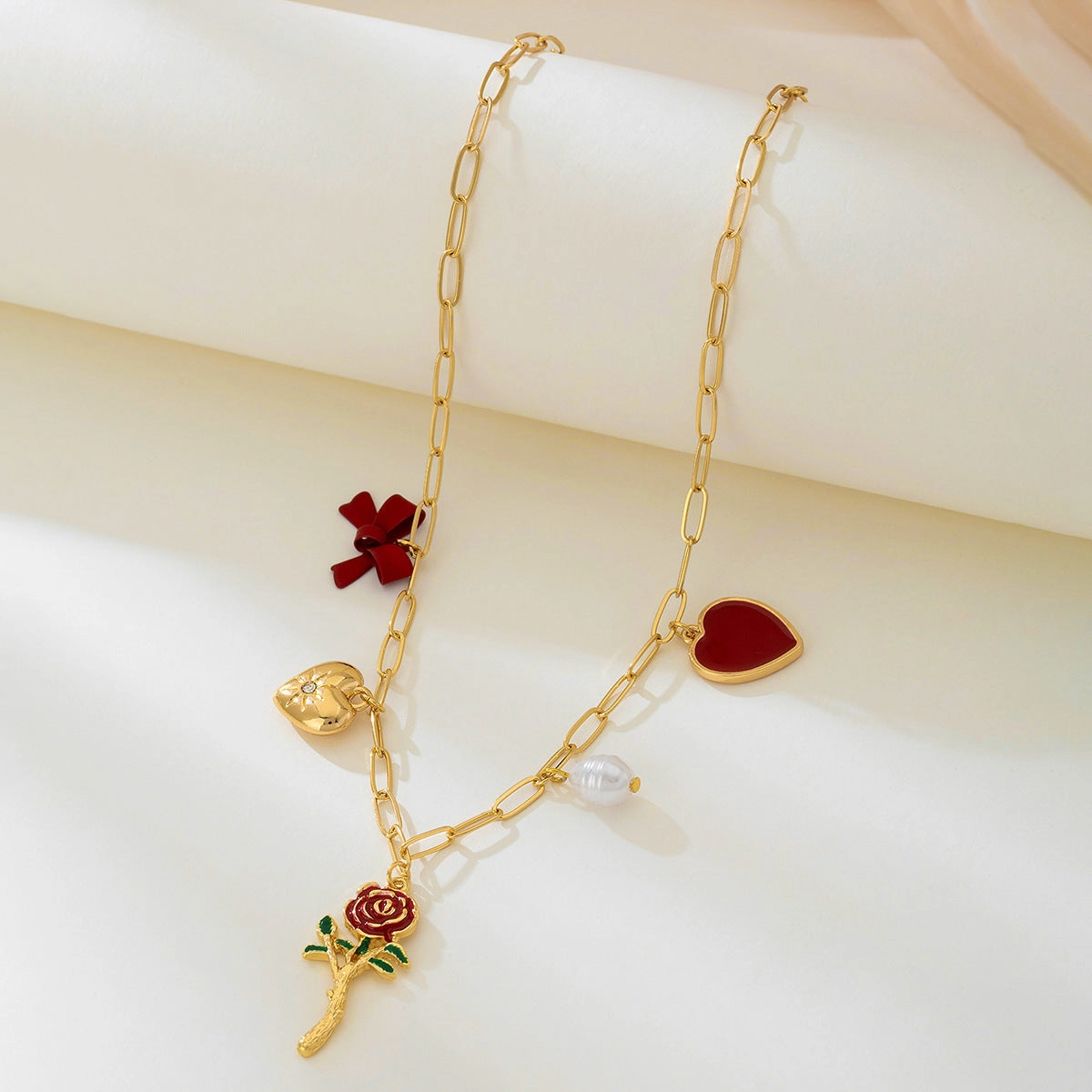 Wholesale metal red love artificial pearl bow necklace