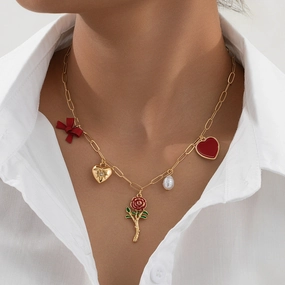 Wholesale metal red love artificial pearl bow necklace