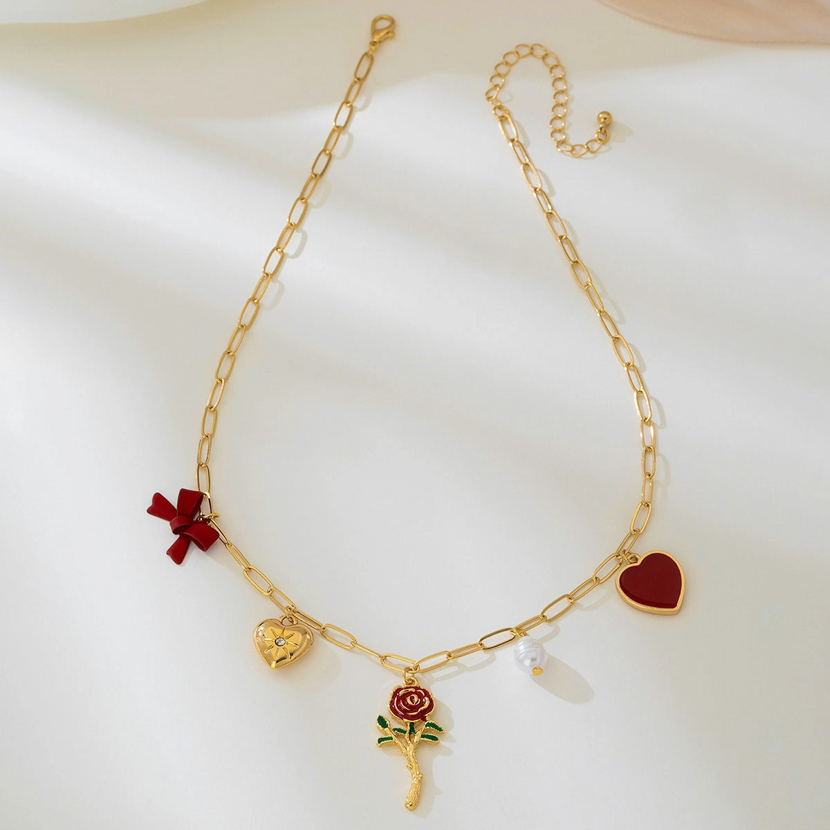 Wholesale metal red love artificial pearl bow necklace
