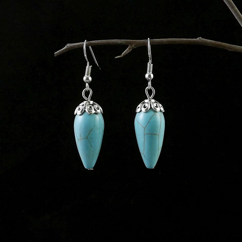 Wholesale Miao Silver Ethnic Style Retro Turquoise Water Drop Earrings