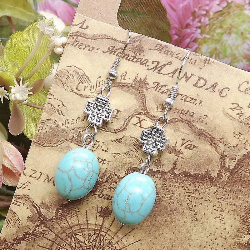 Wholesale Miao Silver Ethnic Style Retro Turquoise Water Drop Earrings