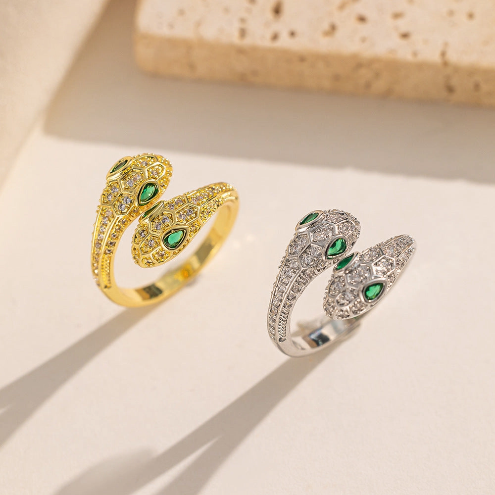 Wholesale Micro-inlaid Zircon Double-headed Snake Female Light Luxury Sense of Luxury Personality Index Finger Ring