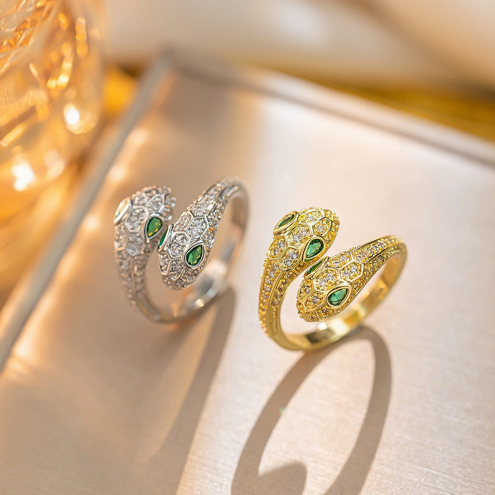Wholesale Micro-inlaid Zircon Double-headed Snake Female Light Luxury Sense of Luxury Personality Index Finger Ring