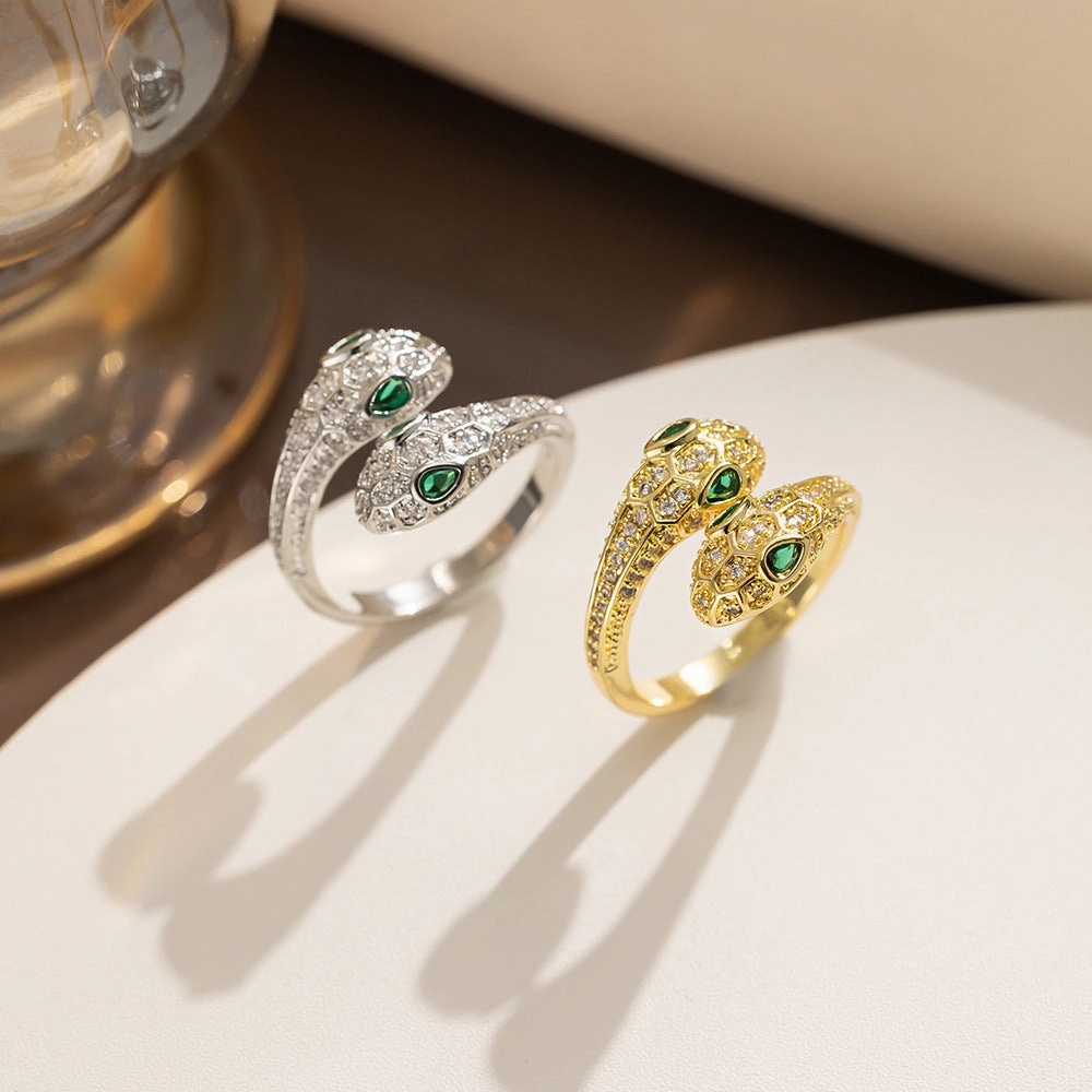 Wholesale Micro-inlaid Zircon Double-headed Snake Female Light Luxury Sense of Luxury Personality Index Finger Ring