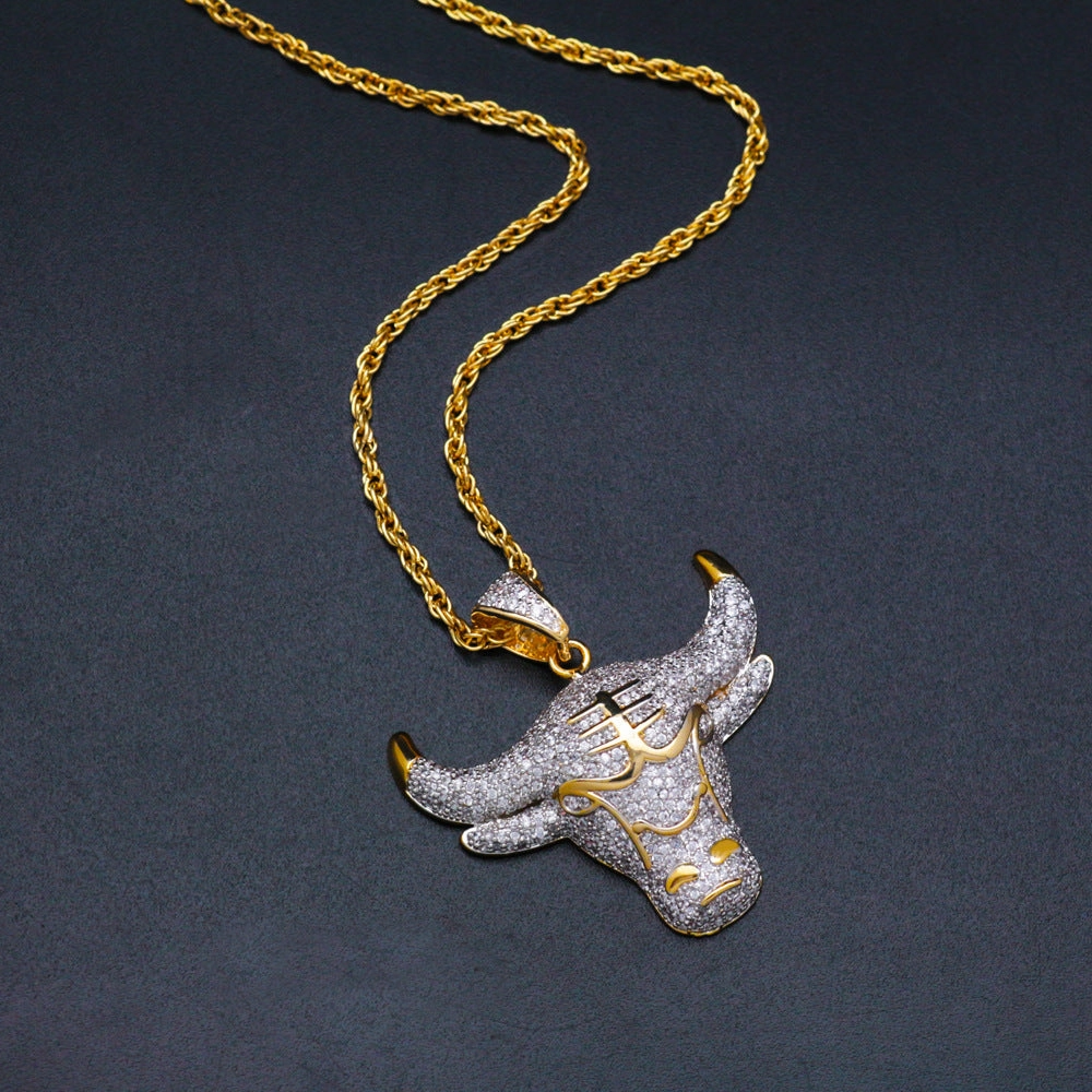Wholesale Micropaved Zirconia Bull Head Men's Necklace Sweater Chain