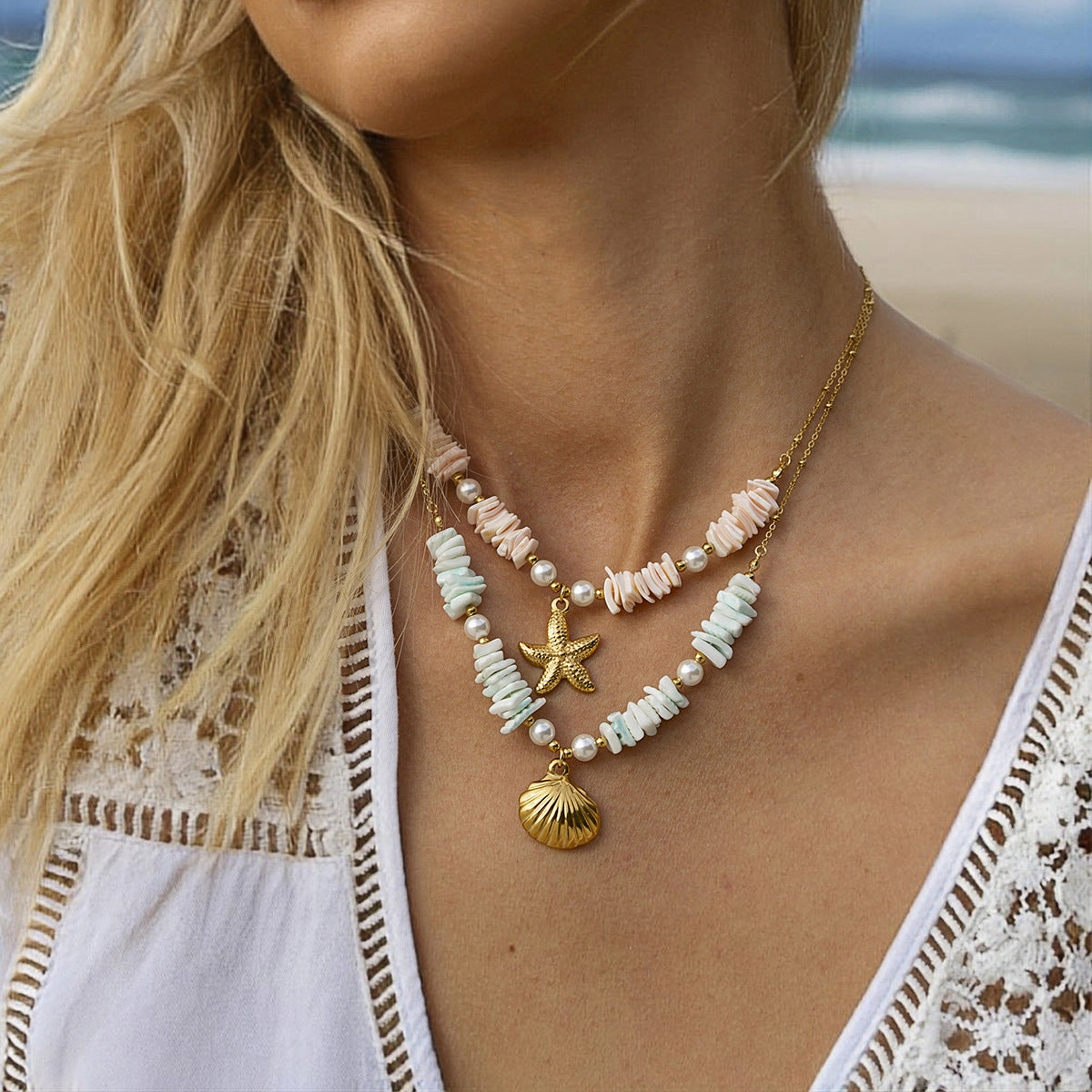 Wholesale Mint Green Pearl Shell 18k Stainless Steel Necklace