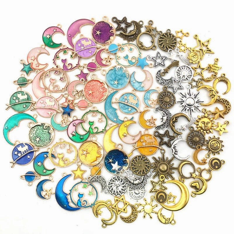 Wholesale Moon Starry Sky Stars Pentagram Drip Oil Alloy Pendant DIY Necklace Pendant Accessories