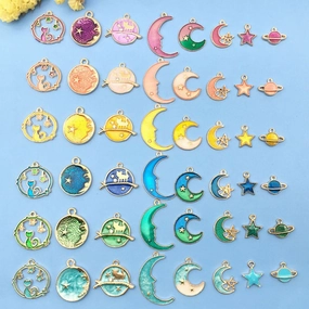 Wholesale Moon Starry Sky Stars Pentagram Drip Oil Alloy Pendant DIY Necklace Pendant Accessories