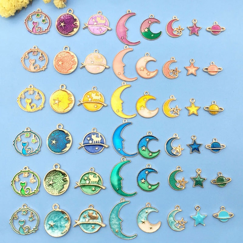 Wholesale Moon Starry Sky Stars Pentagram Drip Oil Alloy Pendant DIY Necklace Pendant Accessories