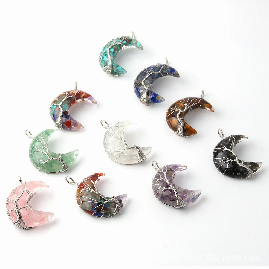 Wholesale Moon Wrap Tree of Life Gravel Pendant Resin Stainless Steel Chain Tooth Necklace