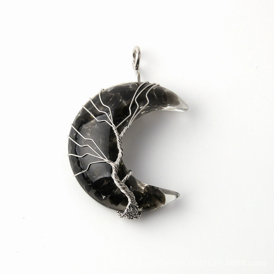 Wholesale Moon Wrap Tree of Life Gravel Pendant Resin Stainless Steel Chain Tooth Necklace