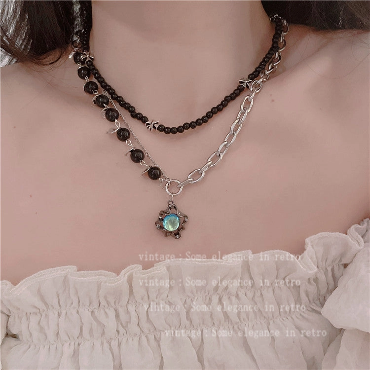 Wholesale Moonstone Titanium Steel Black Beaded Necklaces