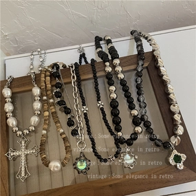 Wholesale Moonstone Titanium Steel Black Beaded Necklaces