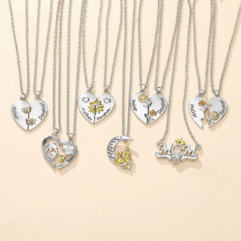 Wholesale Mother and daughter moon heart shape clavicle necklace