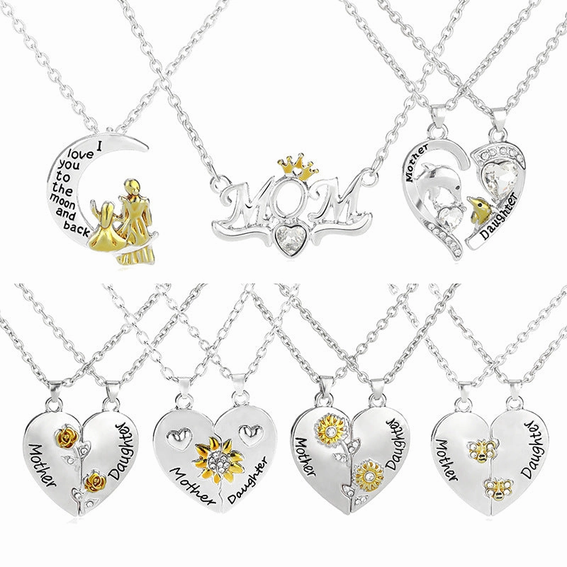 Wholesale Mother and daughter moon heart shape clavicle necklace