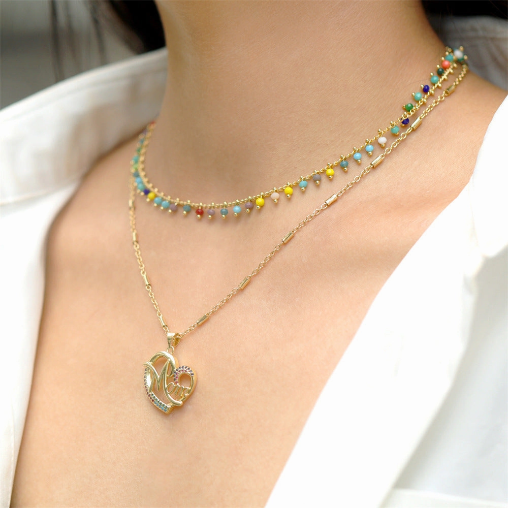 Wholesale Mother's Day Copper Inlaid Color Diamond MOM Peach Letter Necklace