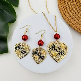 Wholesale Mother's Day Heart Hollow Alloy Earrings Jewelry Set