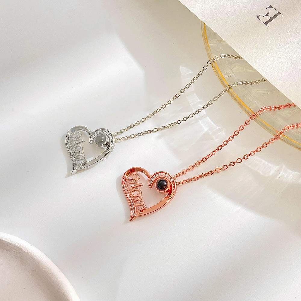 Wholesale Mother's Day Letter Heart Shape Mom Diamond Set Copper Necklace