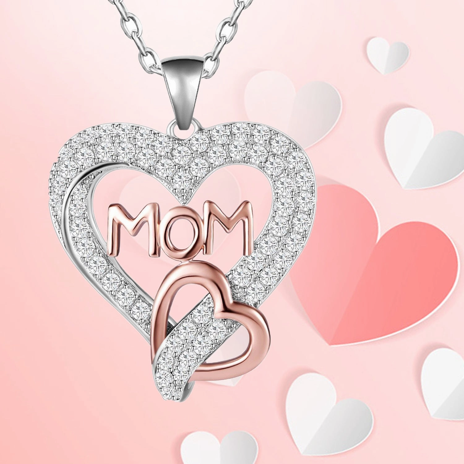 Wholesale Mother's Day Love Shaped Full Diamond Copper Necklaces
