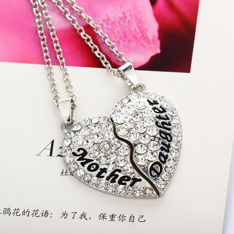 Wholesale Mother's Day Parent-child Style Mother and Daughter Heart-shaped Diamond Patchwork Pendant Alloy Necklace