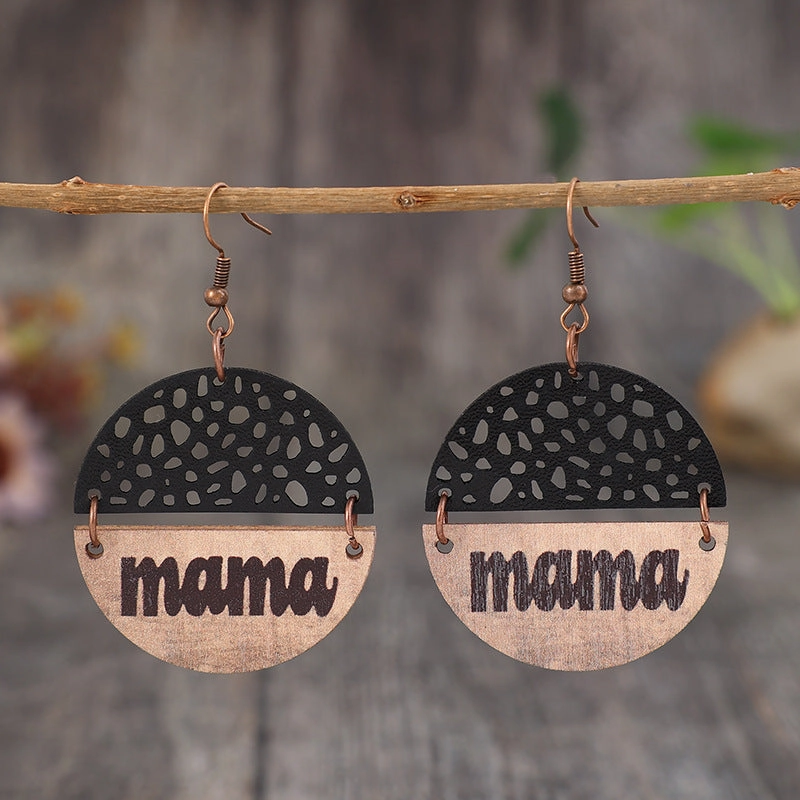 Wholesale Mother's Day Retro Wood Leather Letter Mom Round Earrings