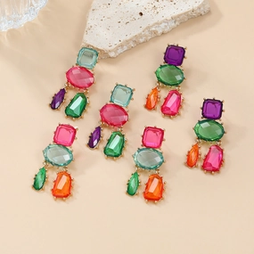 Wholesale Multi-layer Geometric Color Diamond Alloy Earrings