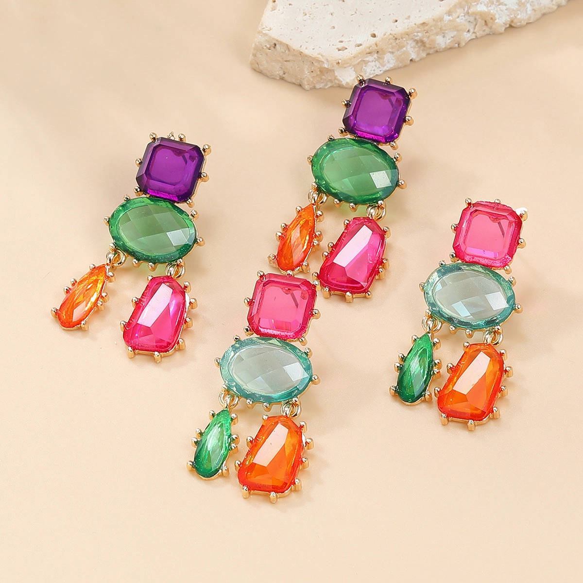 Wholesale Multi-layer Geometric Color Diamond Alloy Earrings