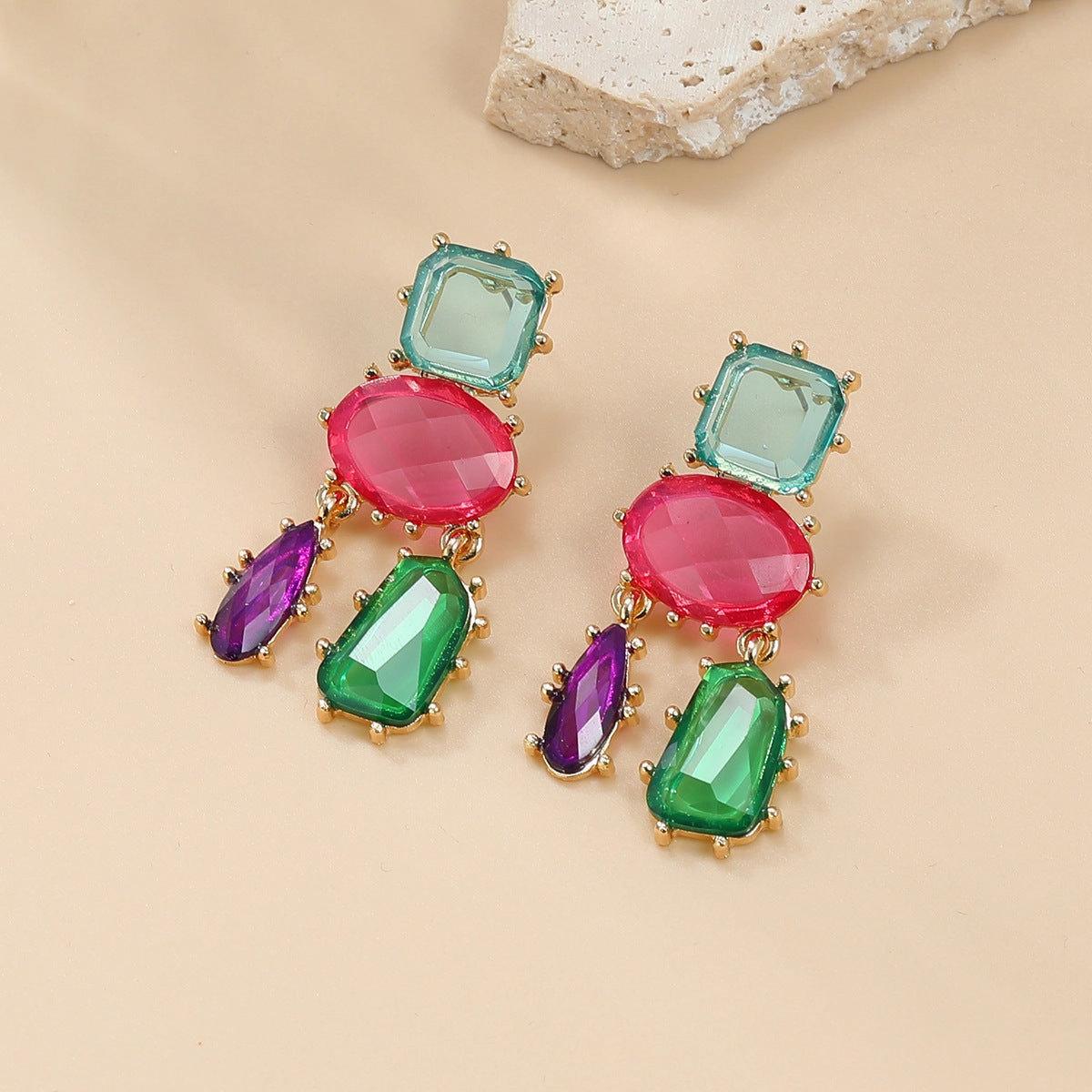Wholesale Multi-layer Geometric Color Diamond Alloy Earrings