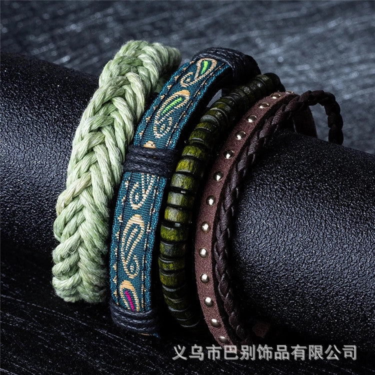 Wholesale Multi-layer Hand Leather Woven Cardboard Bracelet Four Piece Set