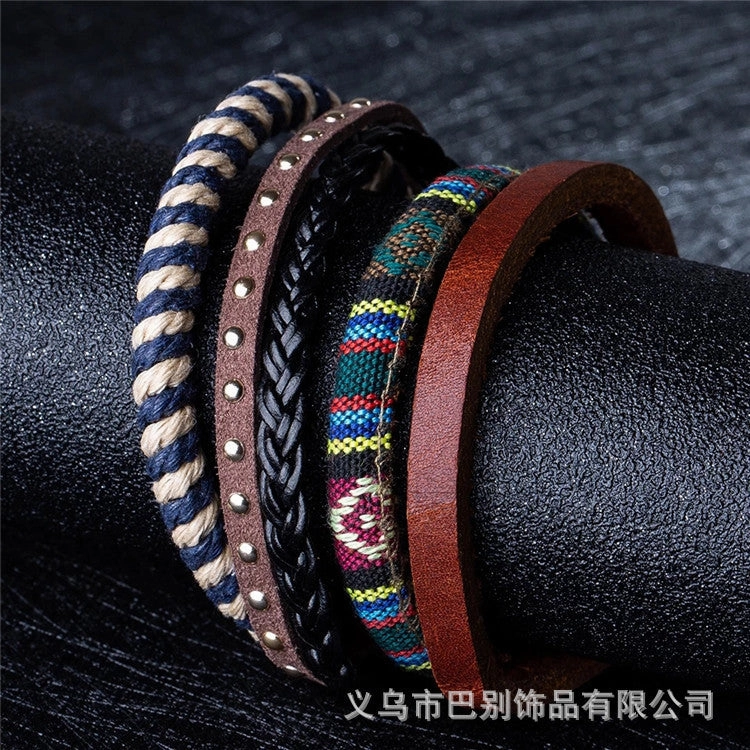 Wholesale Multi-layer Hand Leather Woven Cardboard Bracelet Four Piece Set