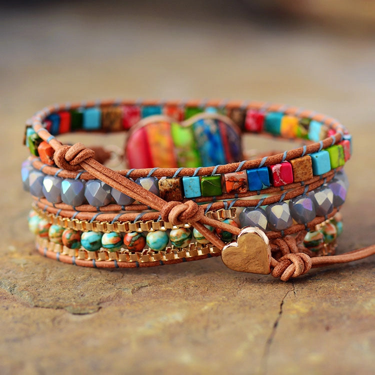 Wholesale Multi-Layer Woven Design Natural Emperor Stone Leather Bracelet