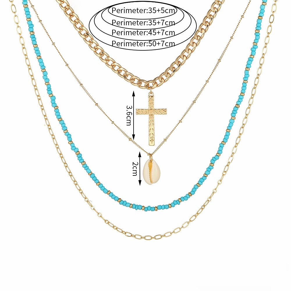 Wholesale Multi-Layered Demi Beads Shell Cross Necklace