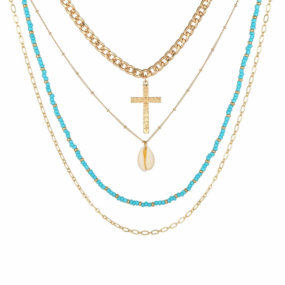Wholesale Multi-Layered Demi Beads Shell Cross Necklace