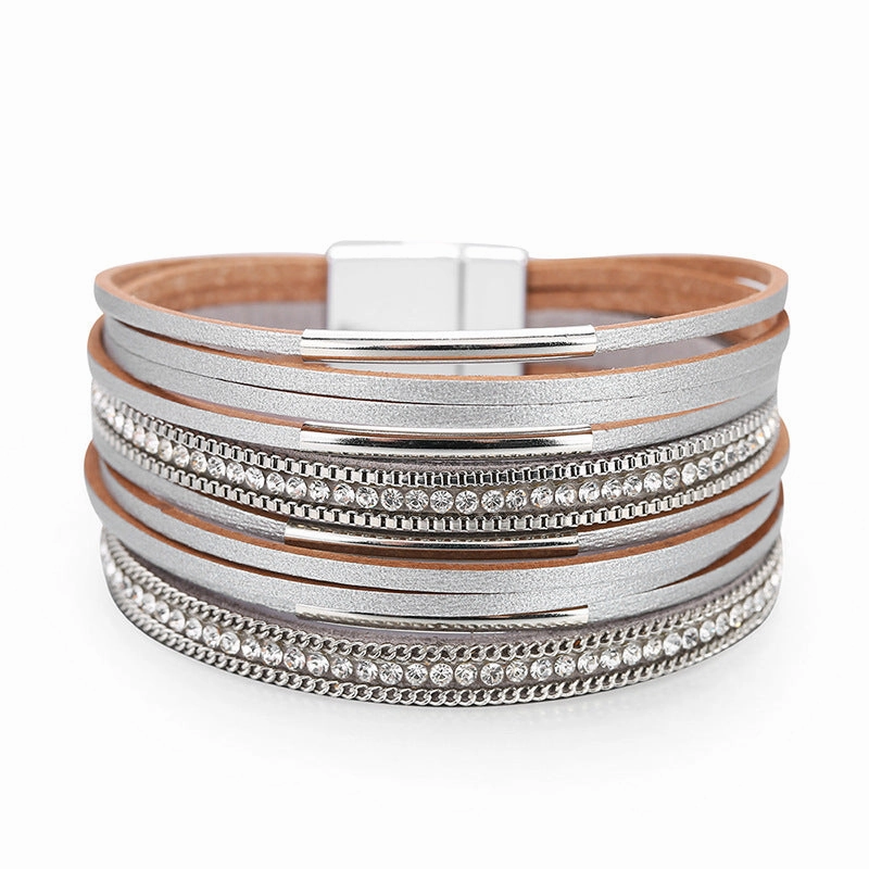 Wholesale Multi-layered Genuine Leather Fine Chain Copper Tube Diamond Bracelet