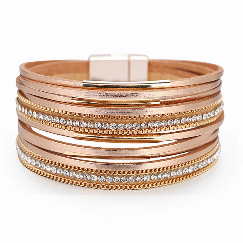 Wholesale Multi-layered Genuine Leather Fine Chain Copper Tube Diamond Bracelet