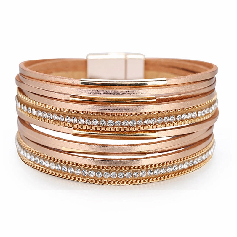 Wholesale Multi-layered Genuine Leather Fine Chain Copper Tube Diamond Bracelet