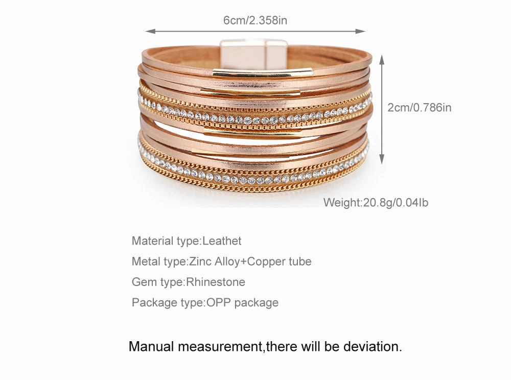 Wholesale Multi-layered Genuine Leather Fine Chain Copper Tube Diamond Bracelet