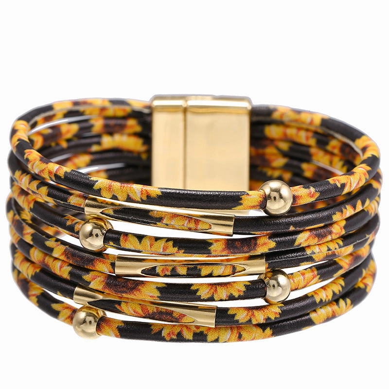Wholesale Multi-Layered Leather Magnet Buckle Little Daisy Bracelet