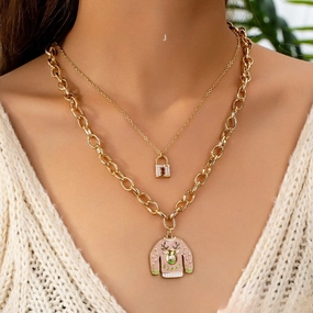 Wholesale Multicolor 14K Bright Gold Full Imitation Pearl Small Lock Multi-layer High-grade Oil Drop Sweater Christmas Necklaces
