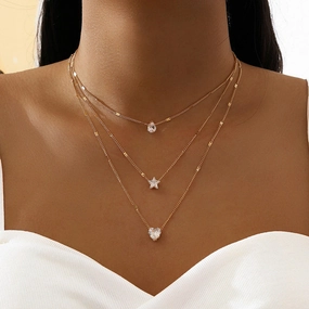 Wholesale Multilayer Pentagram Heart Drops Alloy Necklaces