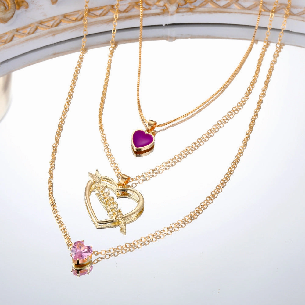 Wholesale Multilayer Pink Heart Diamond Cupid's Arrow Alloy Necklaces