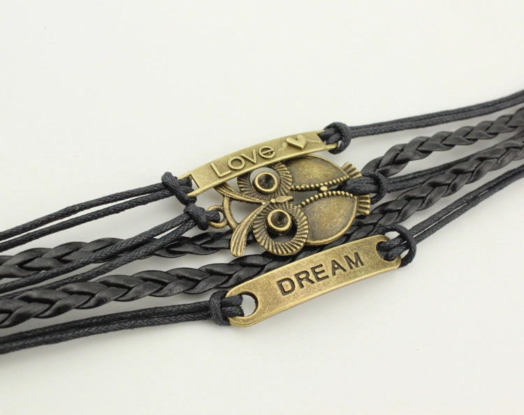 Wholesale Multiple Leather Rope Accessories Braided Big Eyed Owl Bracelet