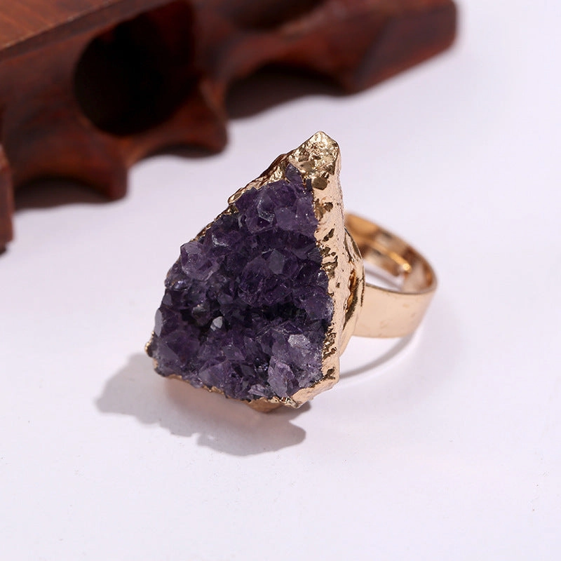 Wholesale Natural Amethyst Cluster Gold-plated Open Ring
