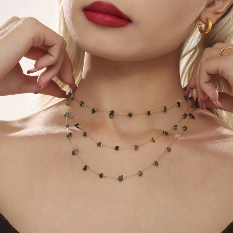 Wholesale Natural Crushed Crystal Stone Grass Green Necklace Bracelet Stainless Steel Handmade Chain Jewelry Set